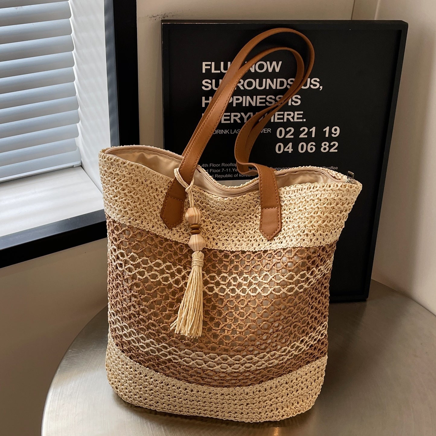 Summer Stripe Straw Shoulder Bag with Tassel