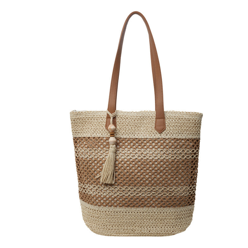 Summer Stripe Straw Shoulder Bag with Tassel