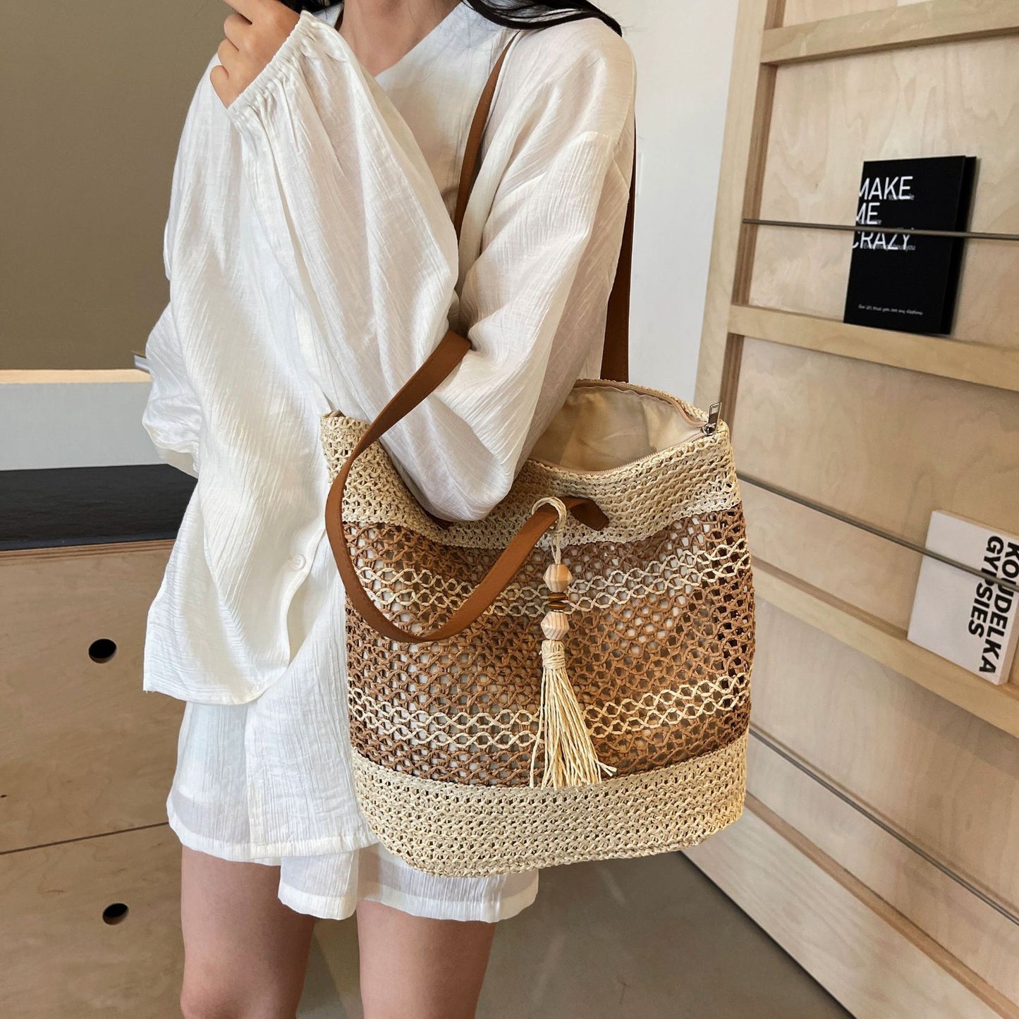Summer Stripe Straw Shoulder Bag with Tassel