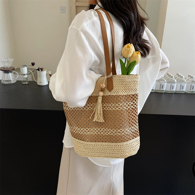 Summer Stripe Straw Shoulder Bag with Tassel