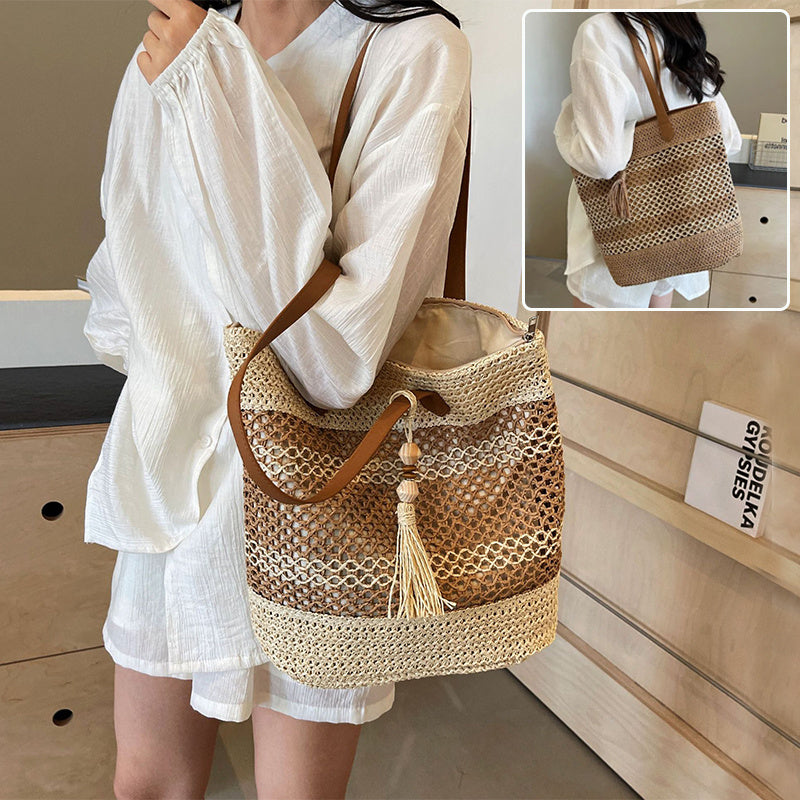 Summer Stripe Straw Shoulder Bag with Tassel