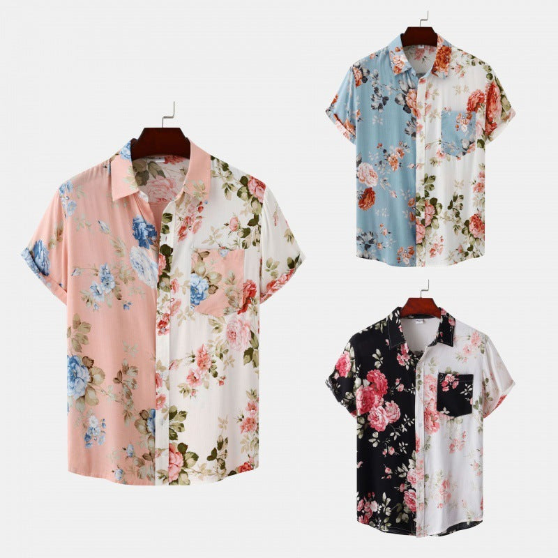 Men's Floral Stitching Short-sleeved Shirt