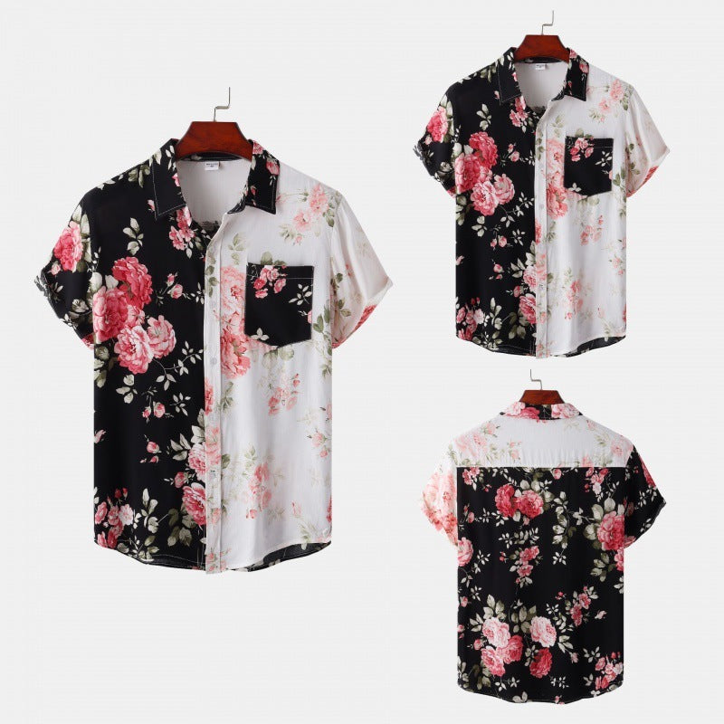 Men's Floral Stitching Short-sleeved Shirt