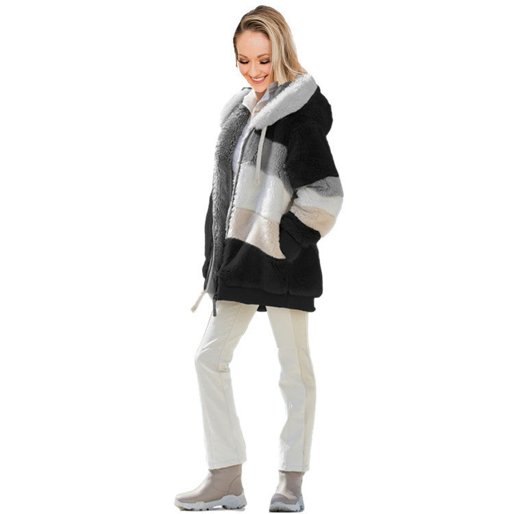 Women's Loose Plush Multicolor Hooded Jacket