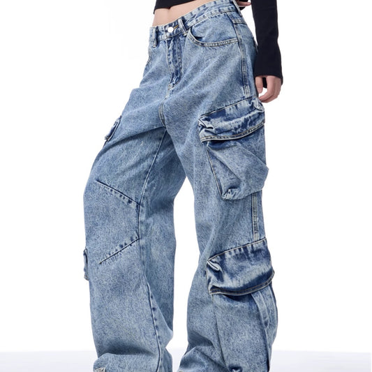 Multi-Pocket Workwear Jeans Women's Loose Wide-leg Pants