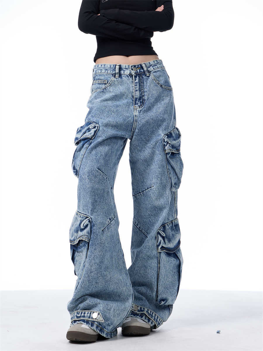 Multi-Pocket Workwear Jeans Women's Loose Wide-leg Pants