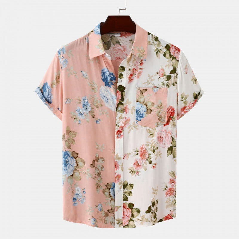 Men's Floral Stitching Short-sleeved Shirt