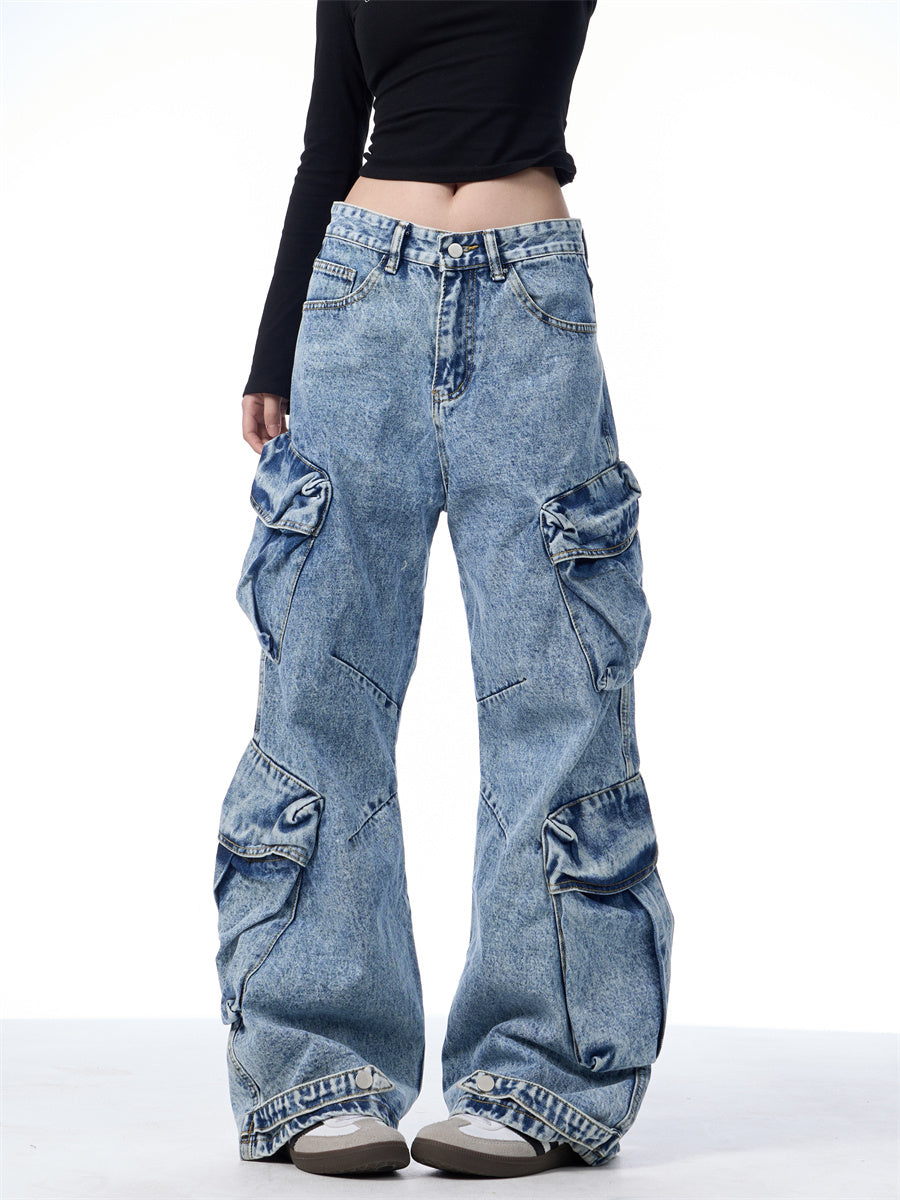 Multi-Pocket Workwear Jeans Women's Loose Wide-leg Pants