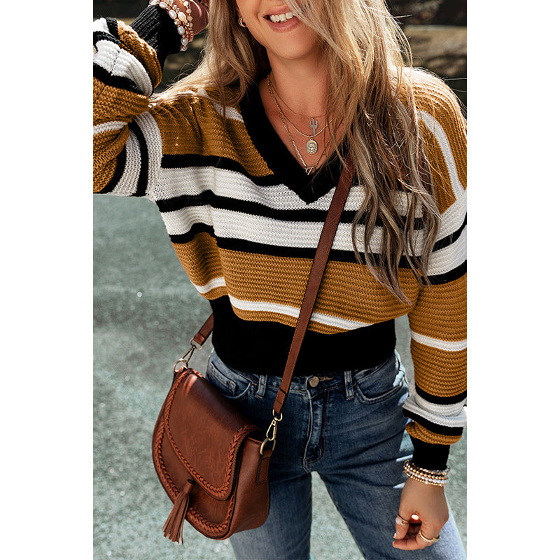 Contrast Color Stripe V-neck Pullover Female Casual Sweater