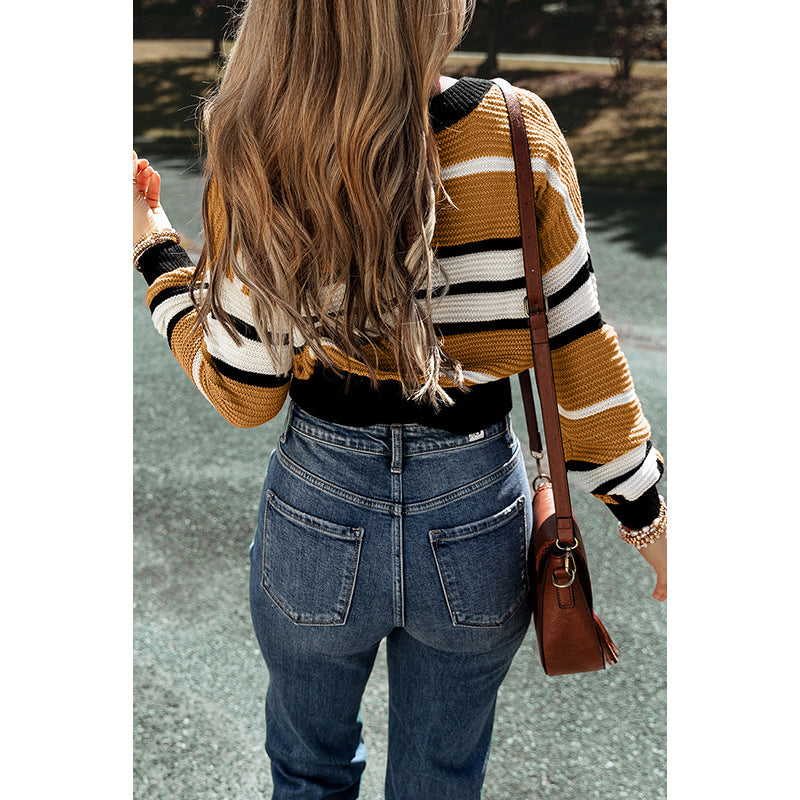 Contrast Color Stripe V-neck Pullover Female Casual Sweater