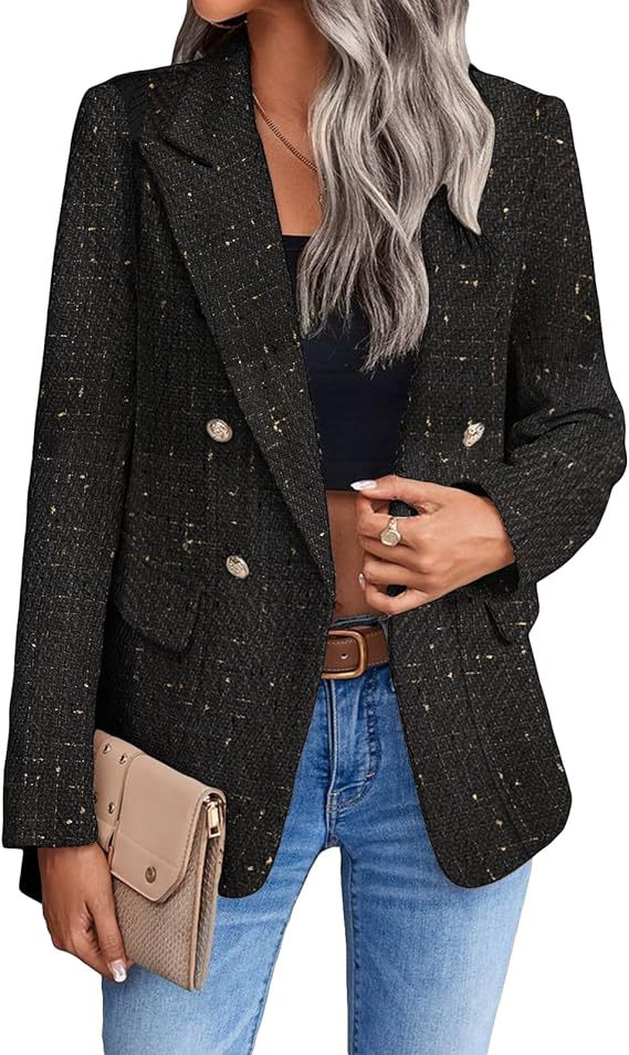 Women's Polyester Tweed Blazer With Fashion Casual Top Pockets