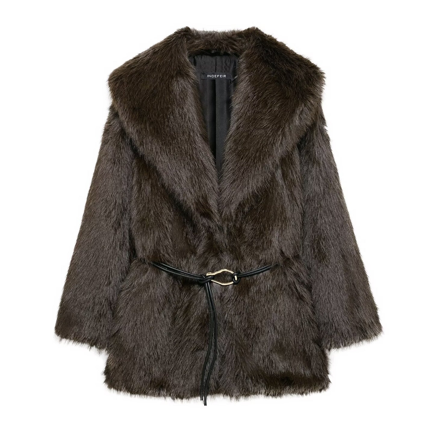 New Faux Fur Plush Lapel And Waist Tight Coat