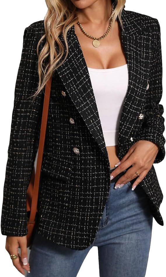 Women's Polyester Tweed Blazer With Fashion Casual Top Pockets