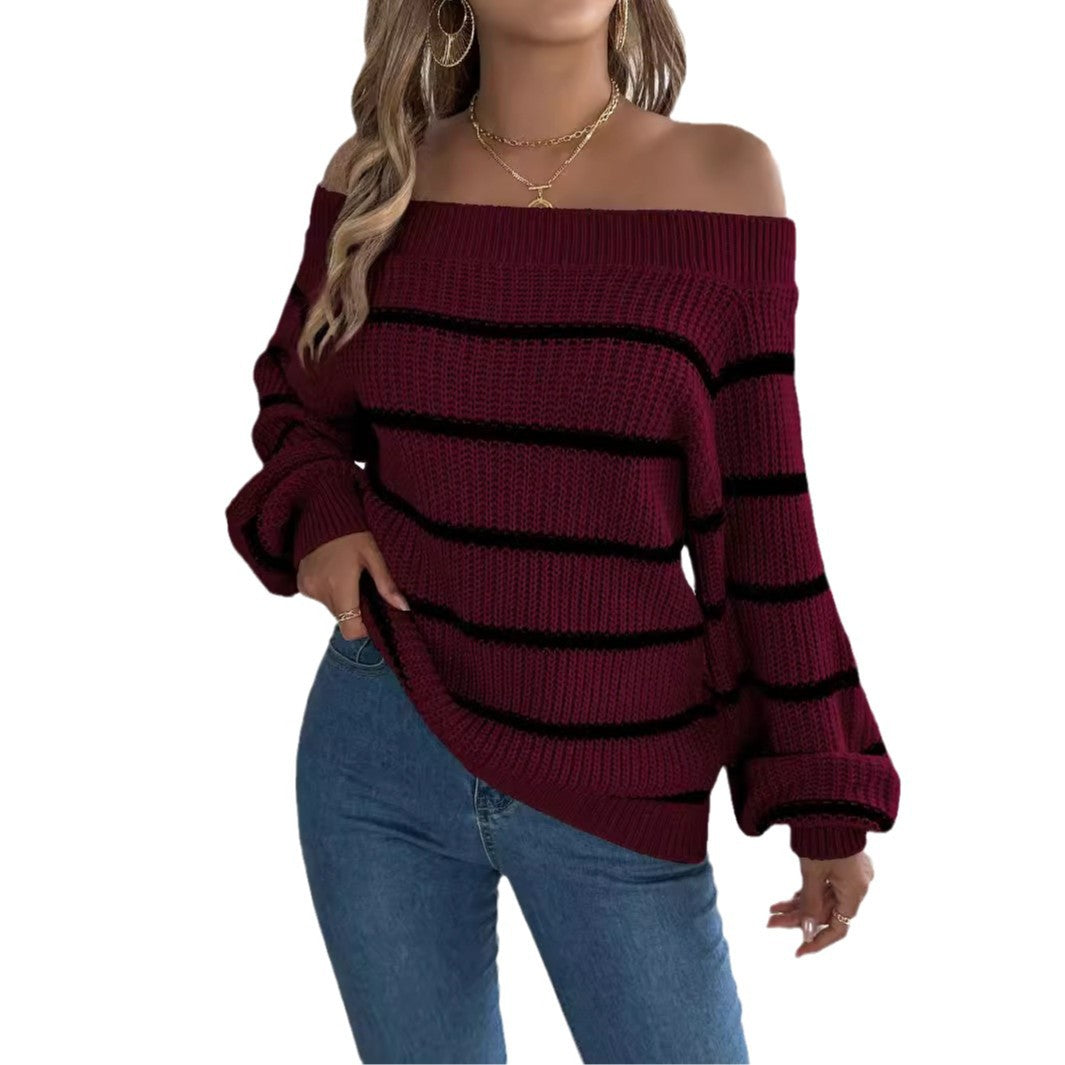 Striped Off-the-shoulder Lantern Sleeve Pullover