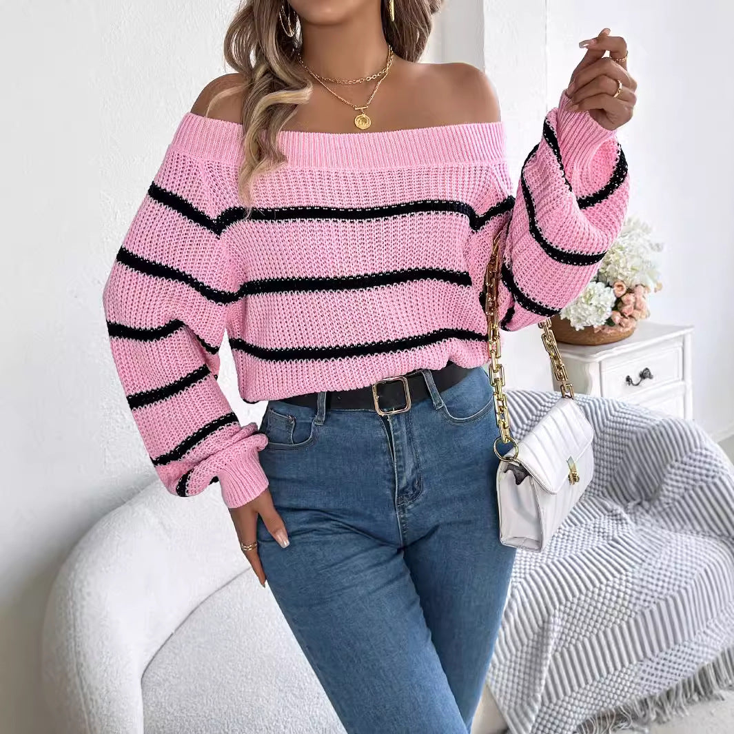 Striped Off-the-shoulder Lantern Sleeve Pullover