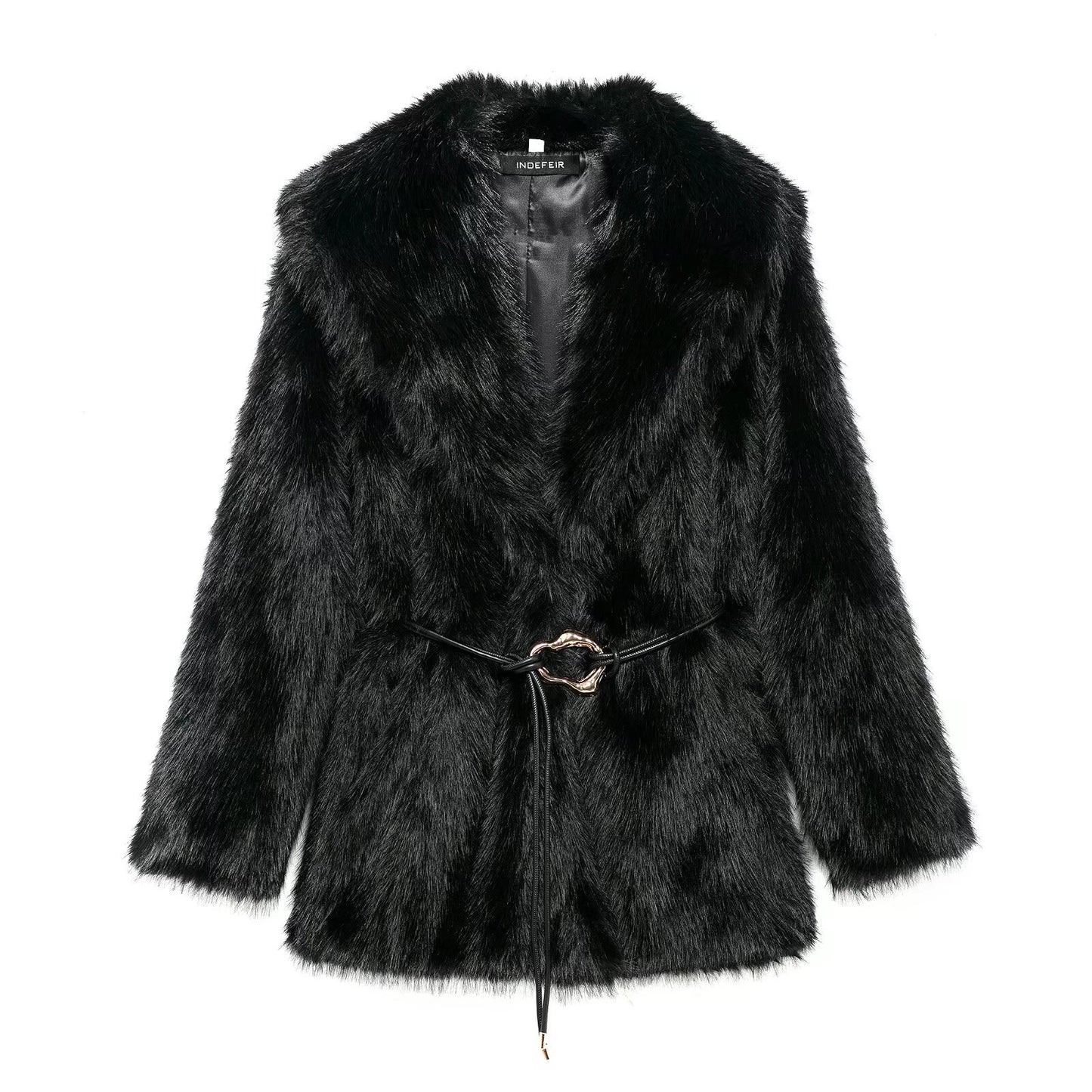 New Faux Fur Plush Lapel And Waist Tight Coat