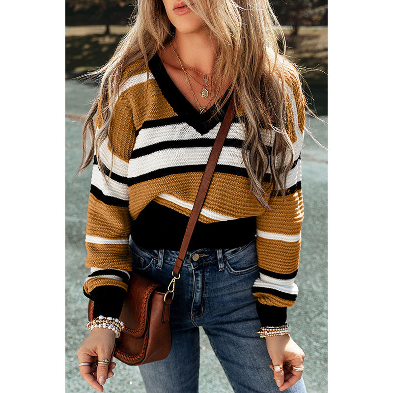 Contrast Color Stripe V-neck Pullover Female Casual Sweater