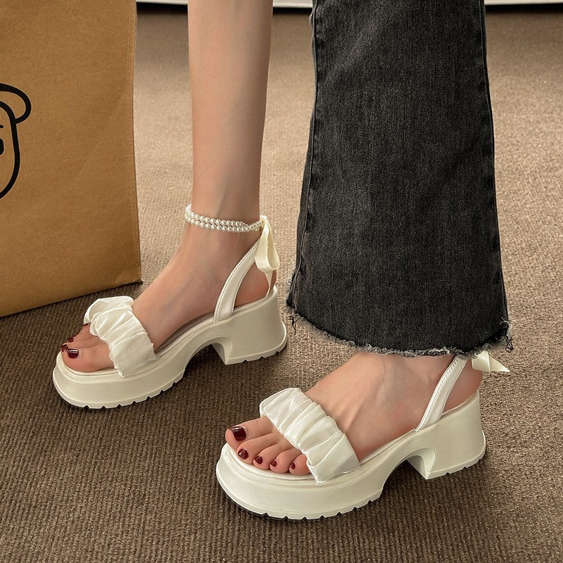 Pearl Bow French Style Thick Bottom Chunky Heel Sandals