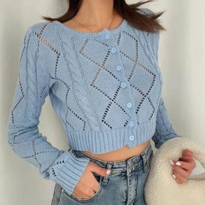 Retro Slimming High Waisted Round Neck Long Sleeved Sweater For Women