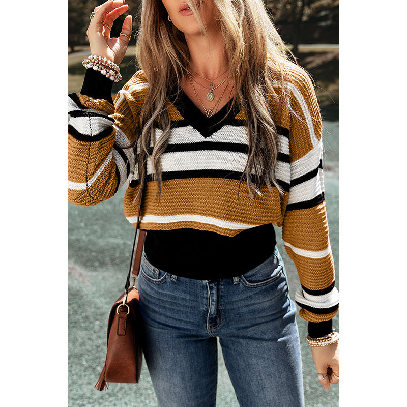 Contrast Color Stripe V-neck Pullover Female Casual Sweater