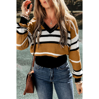 Contrast Color Stripe V-neck Pullover Female Casual Sweater