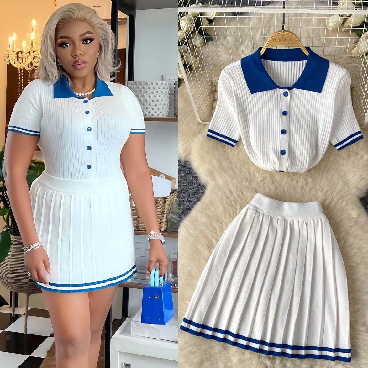 Short Sleeve Shirt Top High Waist Slimming Pleated Skirt Two-piece Set