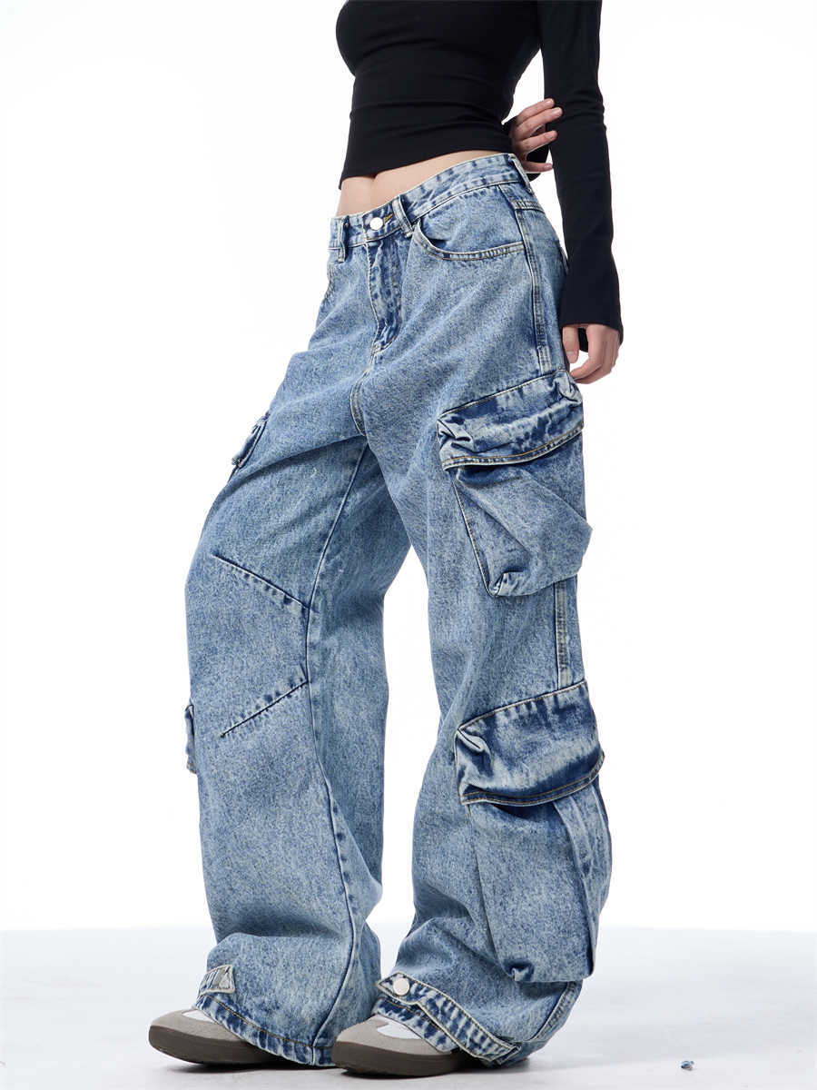 Multi-Pocket Workwear Jeans Women's Loose Wide-leg Pants