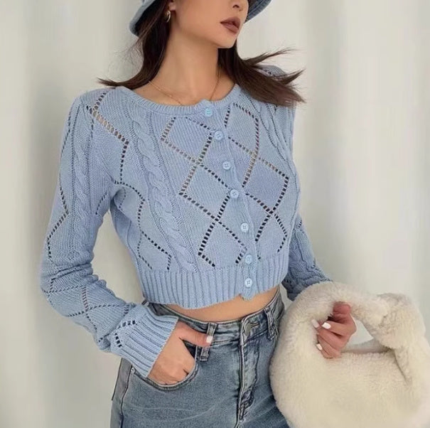 Retro Slimming High Waisted Round Neck Long Sleeved Sweater For Women