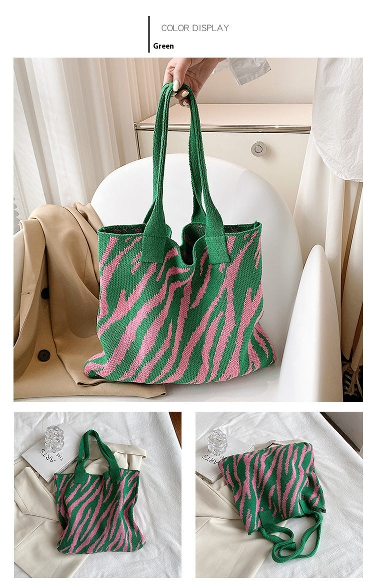 Tote New Large Capacity Single Shoulder Zebra Pattern Knitted Bag Women