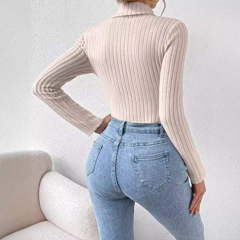 French Style Turtleneck Long Sleeve Knitted Jumpsuit